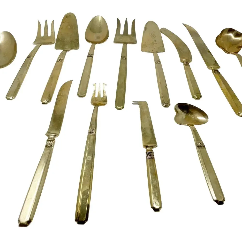Vintage Gold Tone Brass Cutlery Serving Set 14 Pieces Matching Thai Brass MCM
